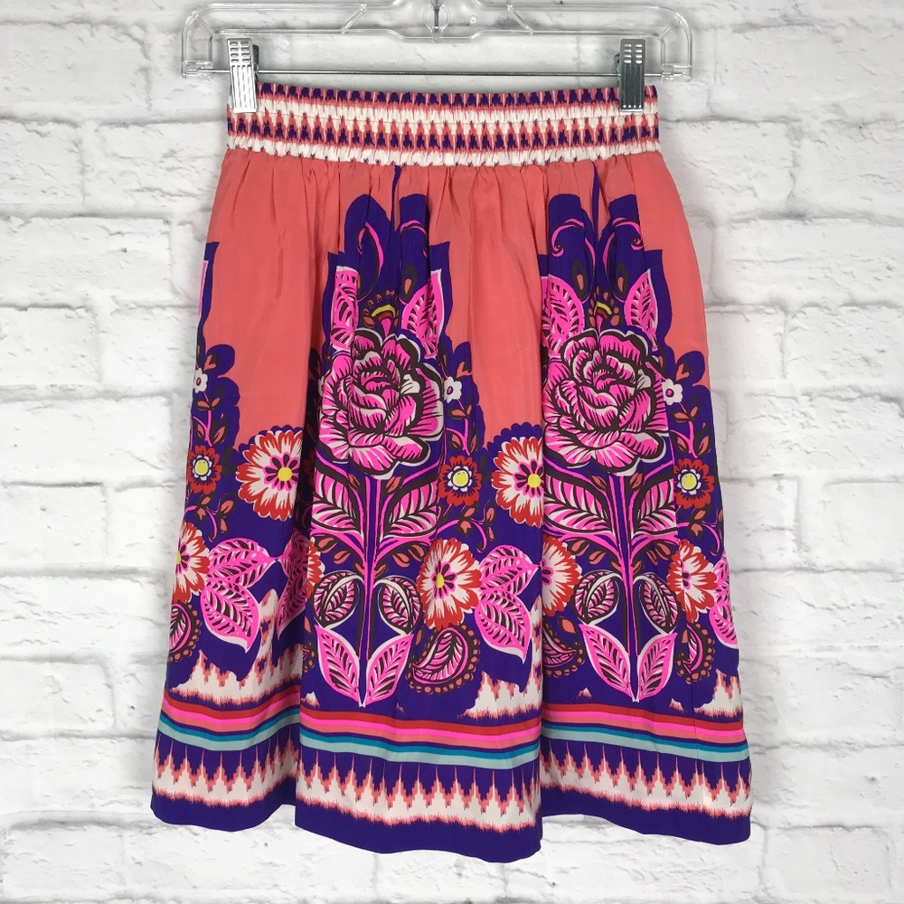Anthropologie Coral and Magenta Floral Skirt